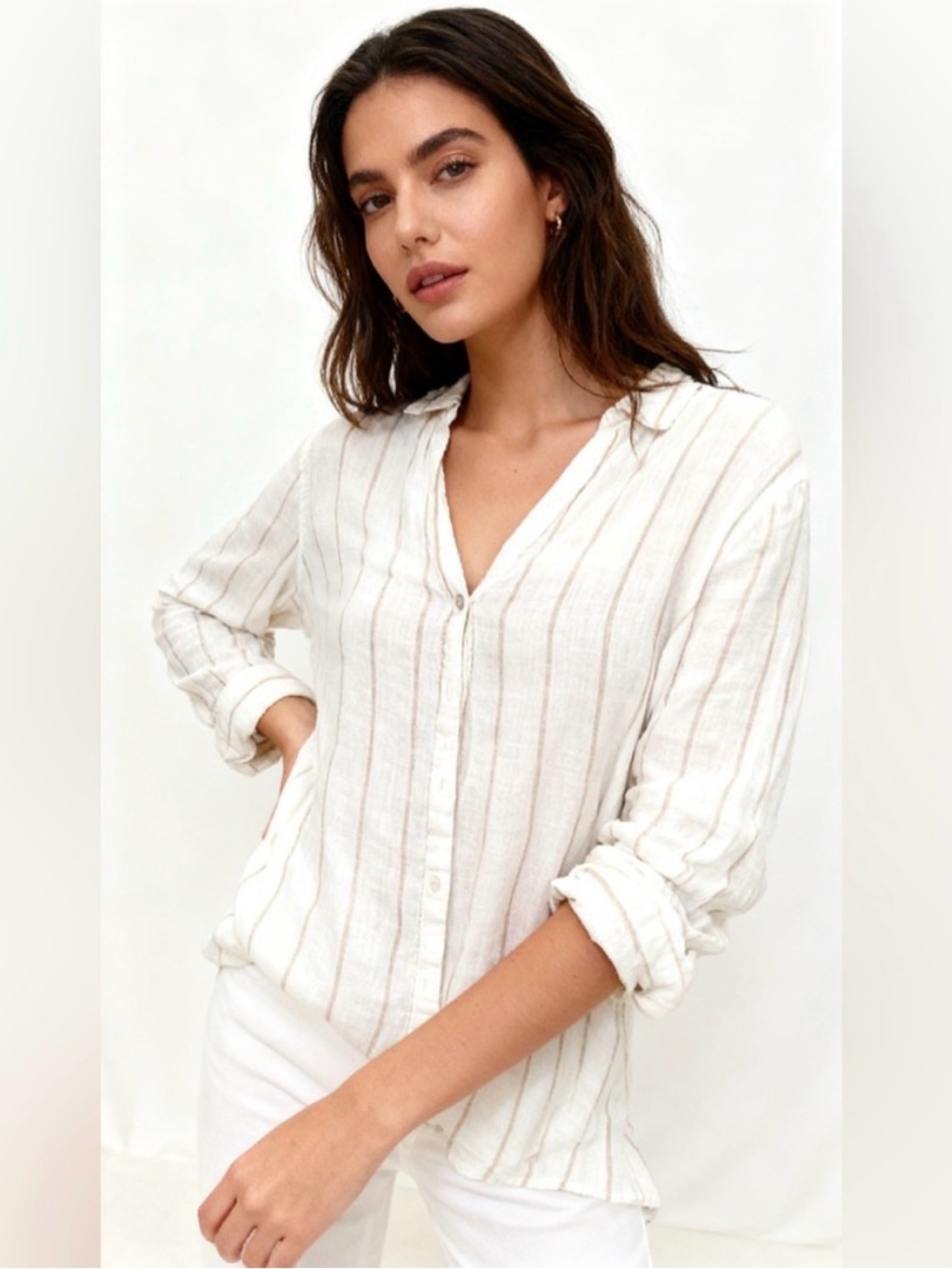 Halston Heritage Cream Striped V-Neck Button-Down Shirt 100% Linen